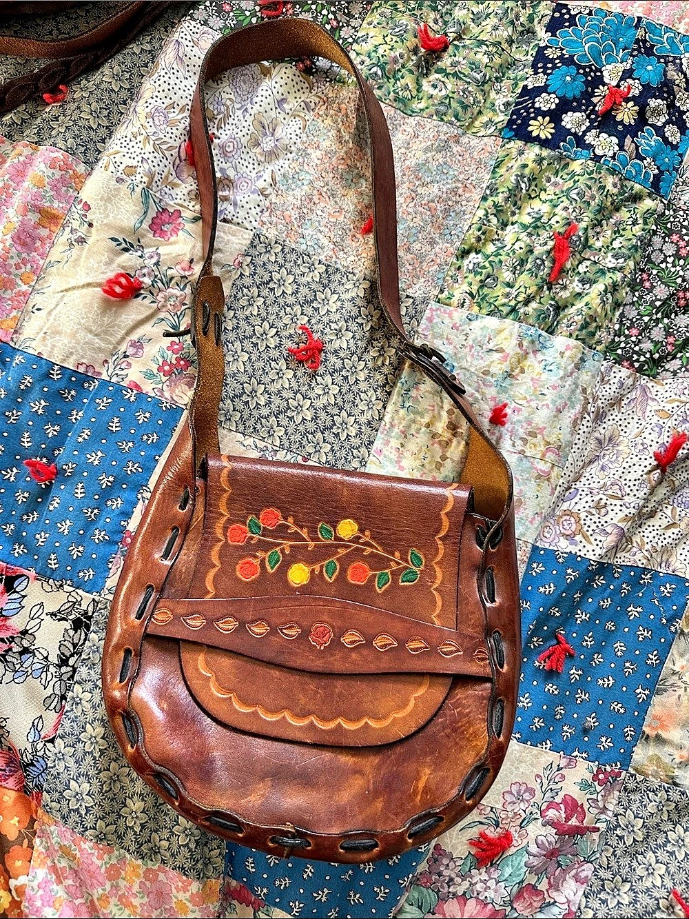 Embroidered Floral Leather Shoulder Bag - Brown & Multicolor